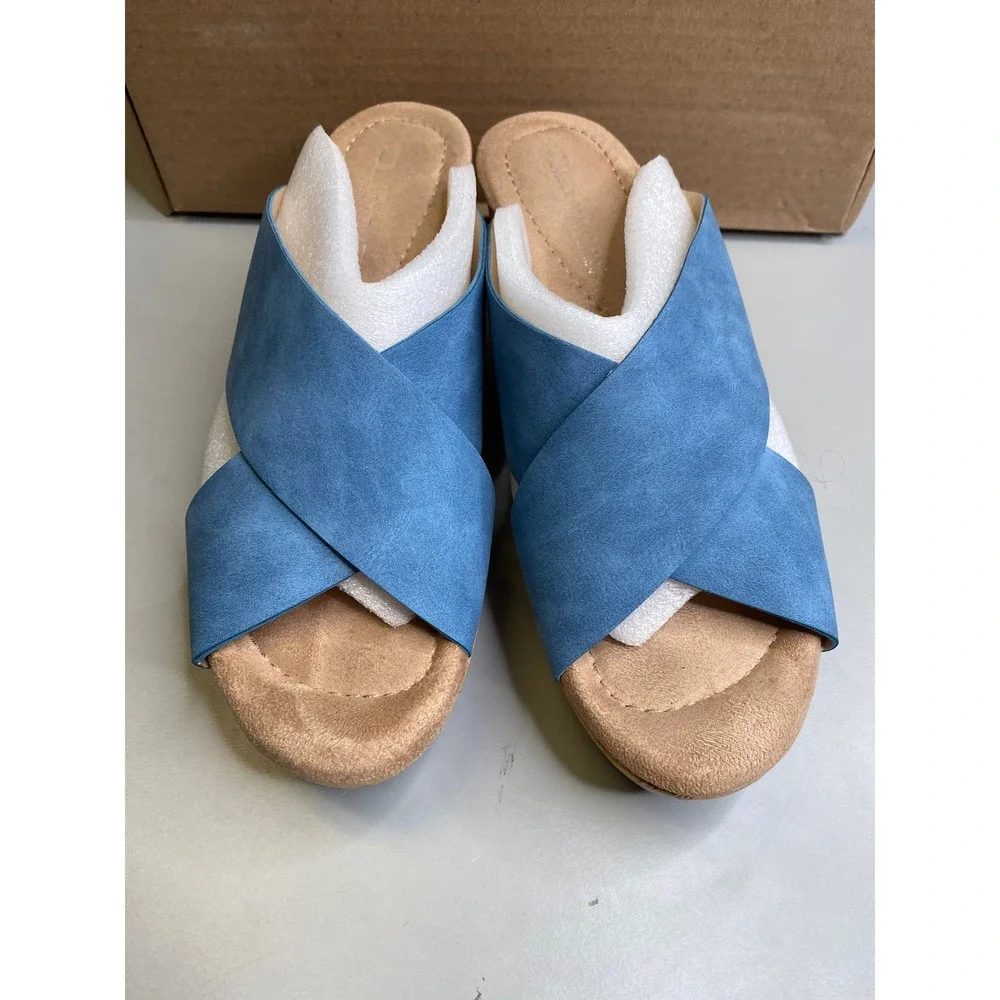 CL by Laundry Womens Blue Faux Suede Crisscross Wedge Sandals Size 7.5